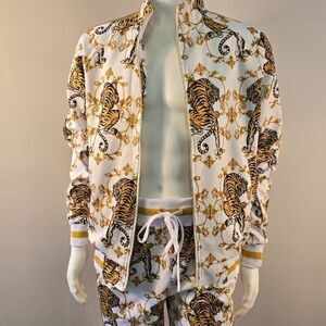 Tiger Print Track Suit Set G -Style USA Mens Sz M Animal Print Gold Accents